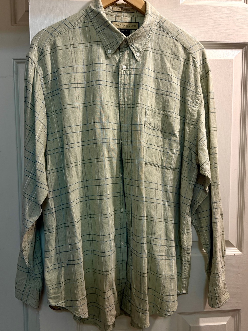 Natural Life 100% Cotton Men's Casual Button-Down Shirt in Light Green Plaid